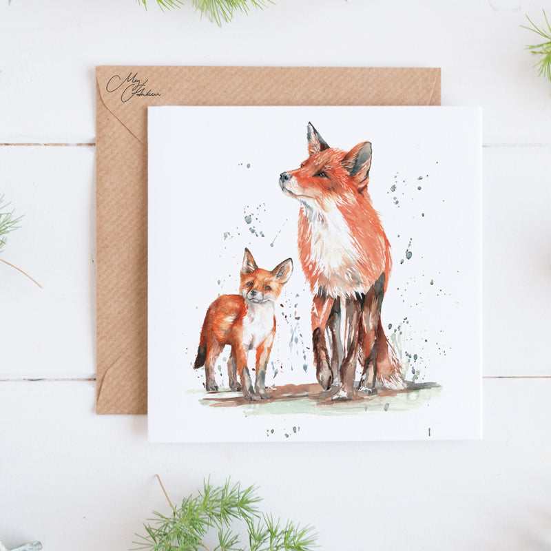 Fox and Cub Watercolour Card